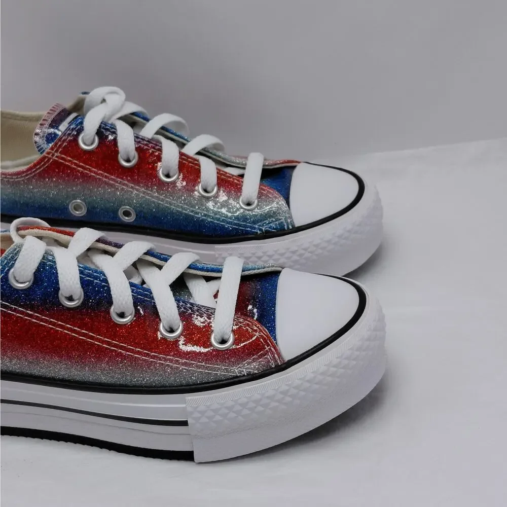 Converse All Star Girls Sneakers Size 1 Red Blue Glitter Low Top Back to School